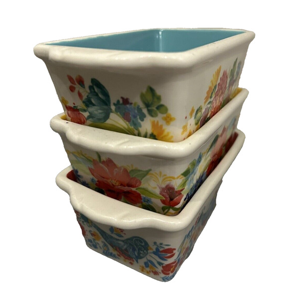 The Pioneer Woman Kitchen Set Of Three Small Ceramic Mini Country Loaf Dishes - Picture 3 of 9